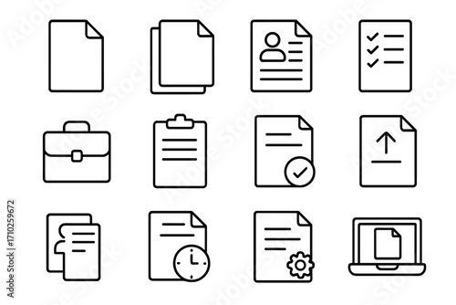 Set of editable paper job related line icons, vector cartoon style office and work documents, clipboard, briefcase, checklists, resume, upload file for web, apps, design