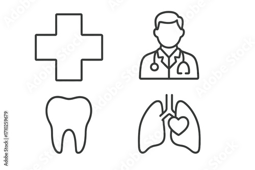 Set of minimalistic linear medical icons including medical cross, doctor with stethoscope, tooth, and internal organs heart lungs, editable stroke for healthcare app design, banners, cards, and posts
