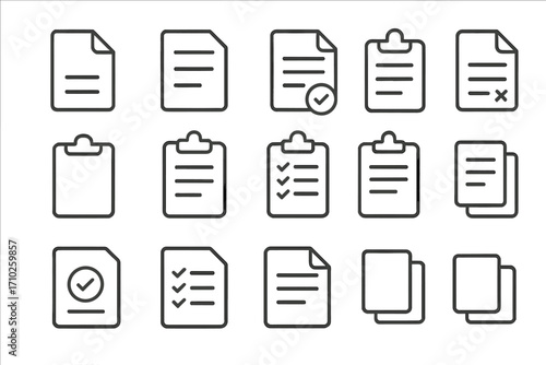 Various clipboards and documents outline icons collection. Simple linear stroke style. Editable vector set with checklists, sheets, files, and papers. Suitable for web, apps, cards, and books design
