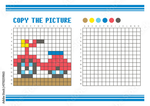 Copy the picture grid drawing worksheet for kids. Pixel art scooter