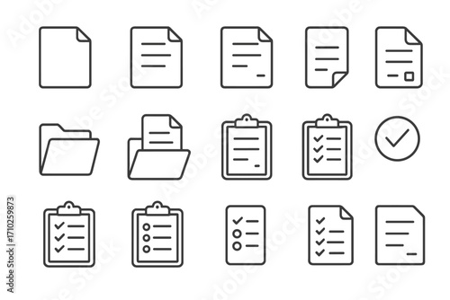 Collection of various clipboards and documents thin line icons, editable stroke vector set for web, apps, cards, books, office, checklist, files, transparent background