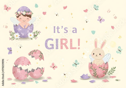 It's a Girl! Adorable Baby Shower Announcement with Fairy and Bunny