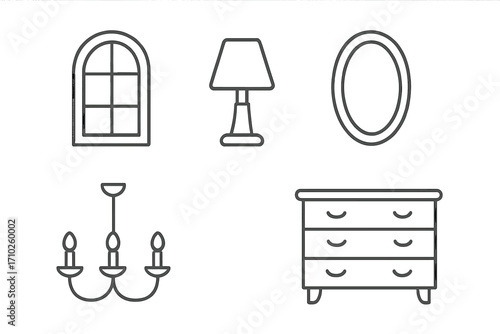 Modern home interior icons set of window, lamp, mirror, dresser, chandelier, editable stroke vector line art for web design, apps, cards, and books illustrations