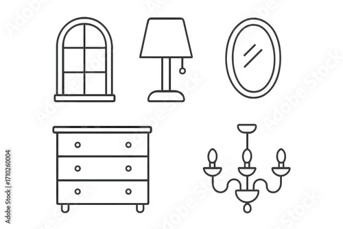Window lamp mirror dresser chandelier set of thin line icons with editable stroke for web, apps, books, and cards design, vector cartoon illustration collection