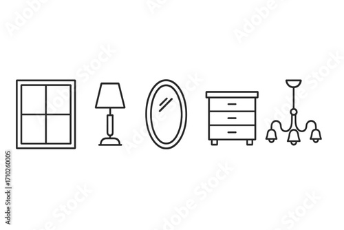 Window lamp mirror dresser chandelier thin line icons set, editable stroke vector collection for web design, apps, cards, books, home interior decor illustration
