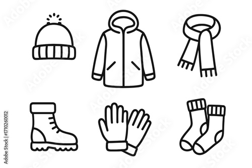 Winter clothing essentials vector icons in minimalist linear style with transparent background, warm hat, hooded jacket, scarf, winter boots, gloves, socks set, cozy apparel illustration