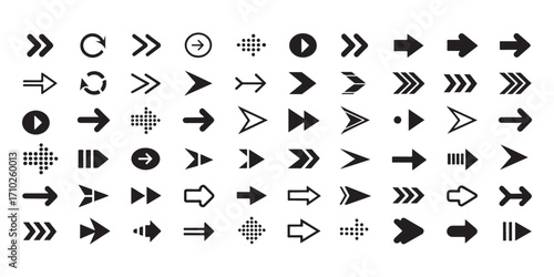 Arrow icon set, arrow cursor collection, different arrow signs, black arrows icons. Modern simple arrows. Black arrow pointing to the right. Black direction pointer. Vector illustration.