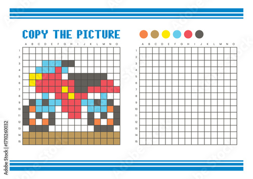 Copy the picture grid drawing worksheet for kids. Pixel art motorcycle