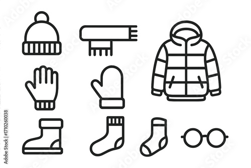 Winter clothing essentials minimalist line art vector set with hat, scarf, gloves, mittens, jacket, boots, socks, and round glasses, cartoon style transparent background