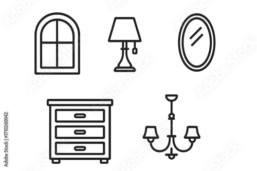Home interior thin line icons set including arched window, table lamp, oval mirror, three-drawer dresser, elegant chandelier, editable stroke vector for design projects