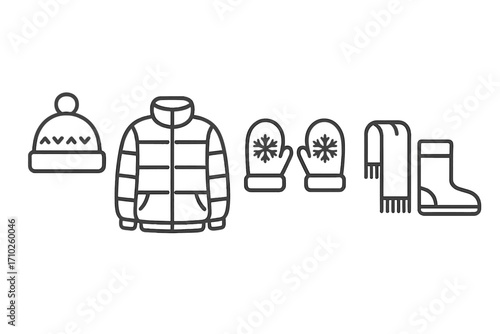 Winter clothing essentials set in minimalist linear style. Vector cartoon illustration of warm hat with pompom, padded jacket, snowflake mittens, scarf, and winter boots. Transparent background.