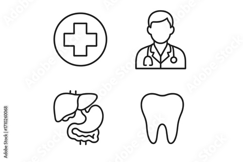 Minimalistic line icons set medical cross, doctor with stethoscope, tooth, internal organs, clinic symbols, editable stroke vector for healthcare apps, cards, banners, posts design