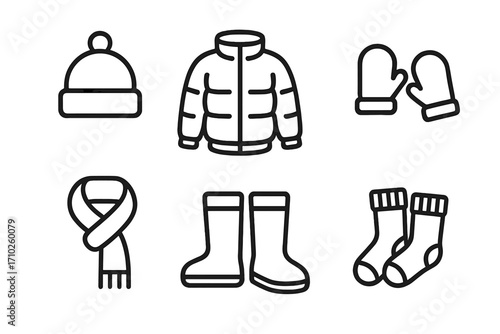 Winter clothing essentials minimalist linear icons. Warm hat, puffer jacket, mittens, scarf, boots, socks. Vector cartoon style with transparent background. Cold weather apparel set