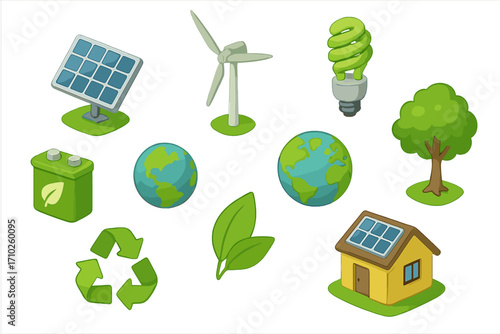 Sustainable energy and nature icons in isometric eco design, renewable power symbols, green energy technology, environmental protection concepts, cartoon vector set with transparent background