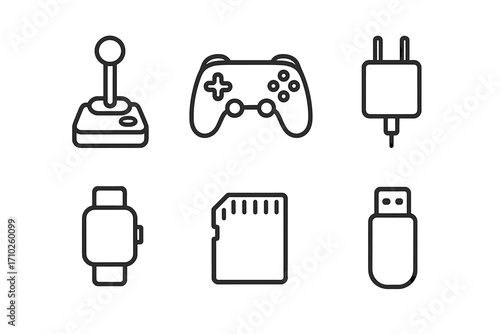 Simple isolated line icons collection of joystick, gamepad, charger, smartwatch, memory card, USB flash drive. Editable stroke vector cartoon illustration for web, apps, and digital design