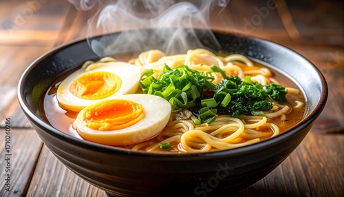 Steaming Bowl of Ramen Noodles with Soft Boiled Eggs