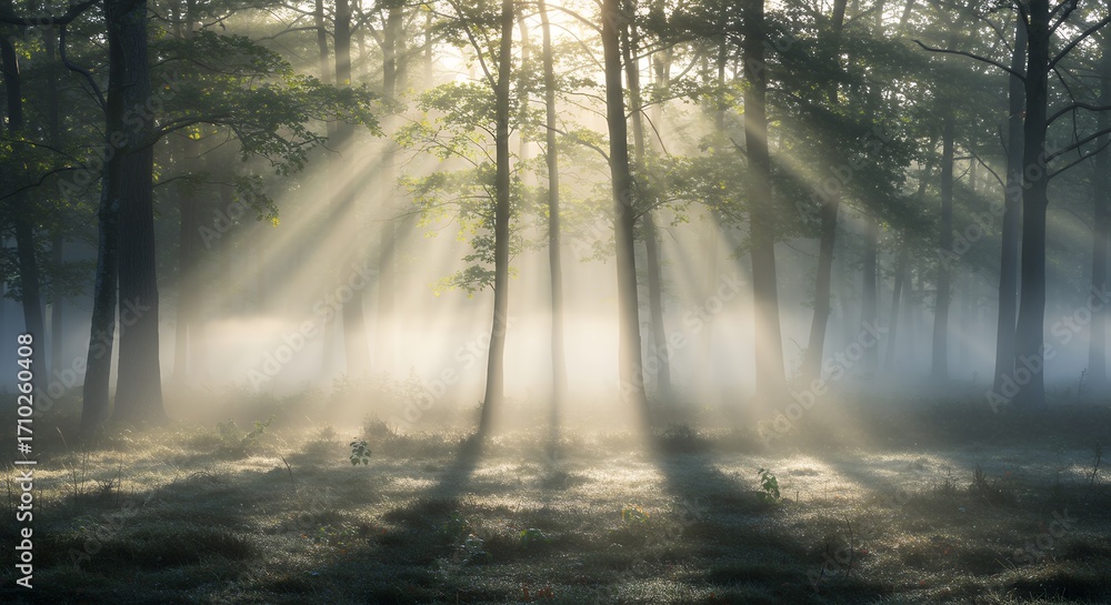 Obraz premium Sunlight through forest mist