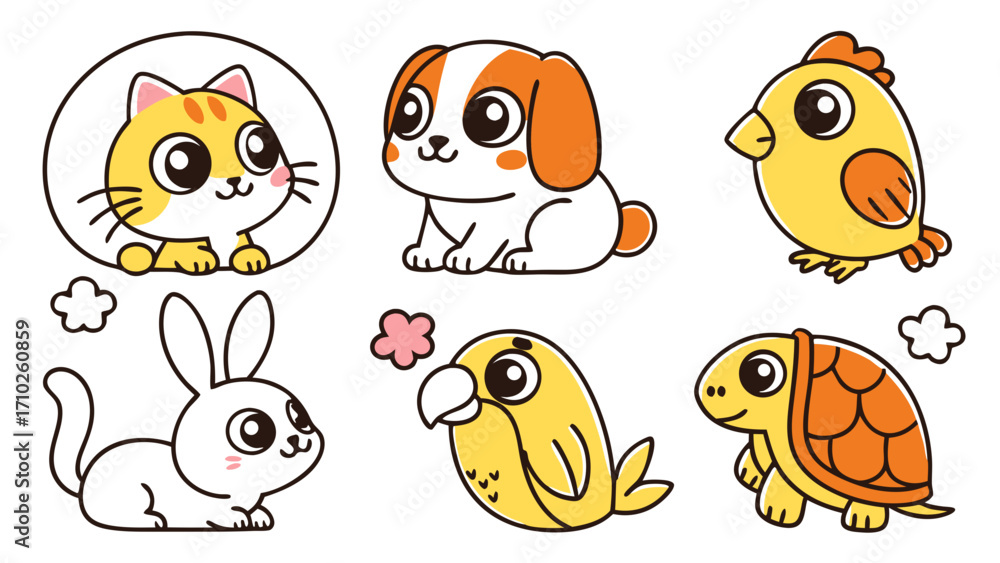 Fototapeta premium Cute Cartoon Pets Sticker Pack | Cat, Dog, Hamster, Rabbit, Parrot, Goldfish, Guinea Pig, Turtle | Kawaii Style Animal Icon Set for Kids, Stationery, Digital Stickers