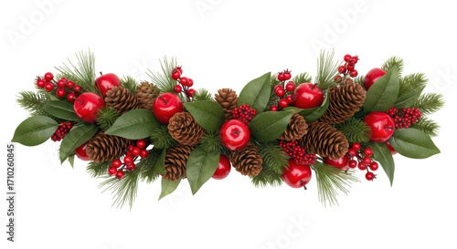 Isolated Christmas decorative garland arrangement with pine cones, apples, red berries