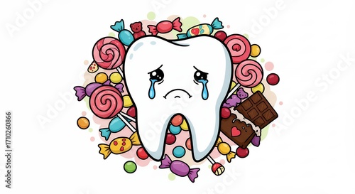 Tooth sadness surrounded by sweets