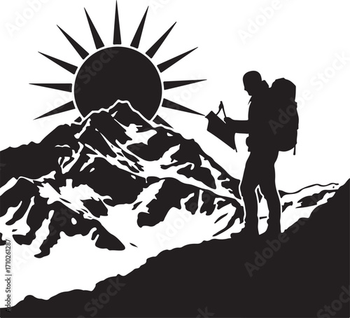 Hiker with Map on Mountain Peak at Sunrise Silhouette