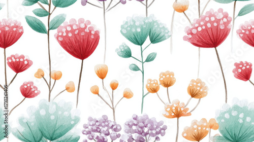 Wallpaper Mural Seamless Abstract flower, Colorful floral pattern featuring various flowers and leaves against a light background, creating a vibrant and artistic design. Torontodigital.ca