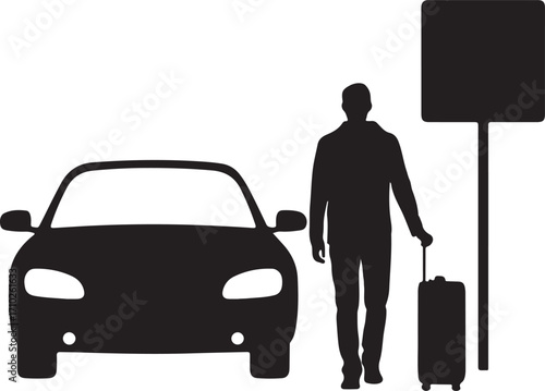 Silhouette Of Man With Suitcase Next To Car And Sign