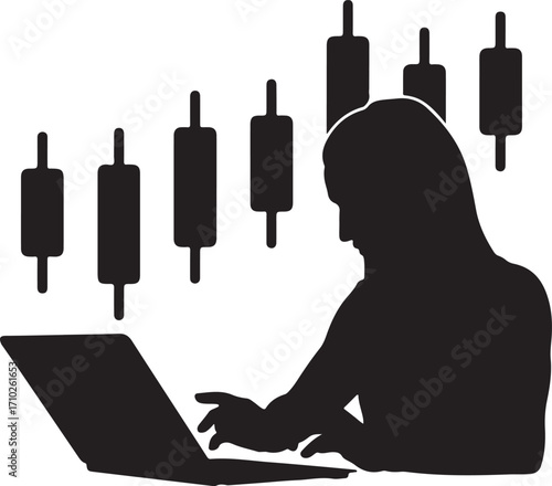 Silhouette of person using laptop with stock market graph