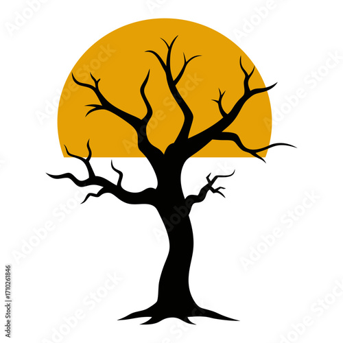 Vector art illustration of a dead tree with the sun