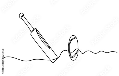 Continuous one line Art drawing cricket bat, ball, and wicket ca[ stumps isolated on white. Set equipment for cricket game. with white background