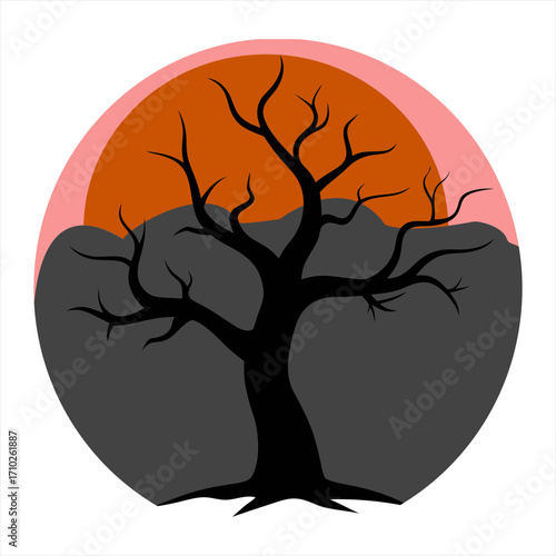 Vector art illustration of a dead tree with the sun