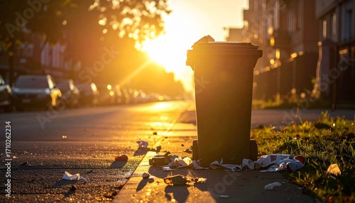 Urban Rubbish Amidst a Golden Sunset: Amidst an urban setting, a lone trash bin is silhouetted against a radiant sunset, strewn with discarded debris, narrating the consequences of unmanaged waste