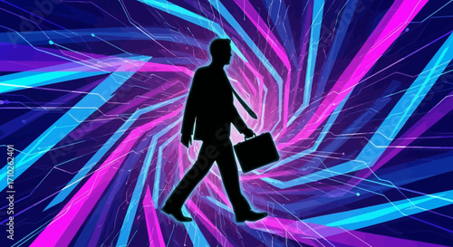 Silhouette of a businessman walking through a vibrant, abstract, futuristic tunnel of light.
