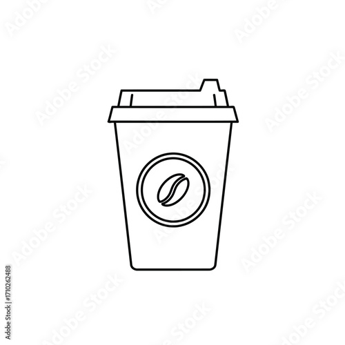 A simple black and white line art illustration of a takeaway coffee cup with a lid and bean logo.