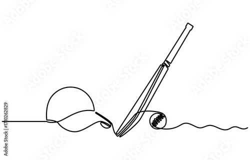Continuous one line Art drawing cricket bat, ball, and wicket ca[ stumps isolated on white. Set equipment for cricket game. with white background