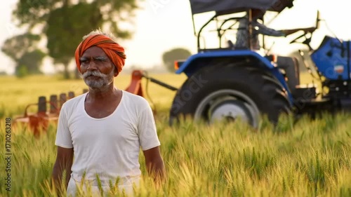 Senior Indian farmer with a traditional turban standing in a vibrant wheat field with his tractor during a golden hour sunset