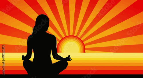 Silhouette of a woman meditating in lotus position against a sunrise background.