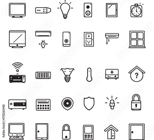 Smart home technology icons with laptop smartphone light bulb lock camera faucet shield and router in black outline style