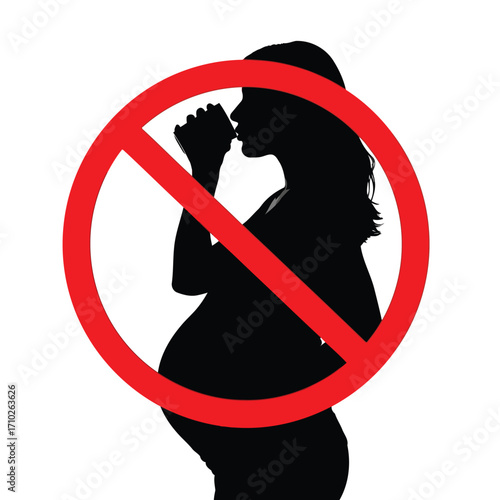 Silhouette of a pregnant woman drinking with a red prohibition sign, symbolizing a warning against alcohol consumption during pregnancy.