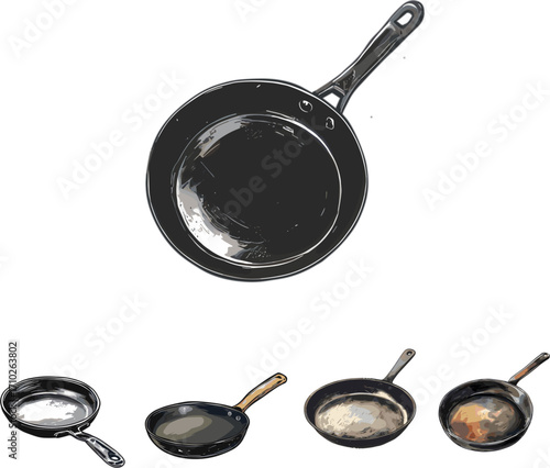 iron frying pan isolated on white, kitchen appliances set in color style