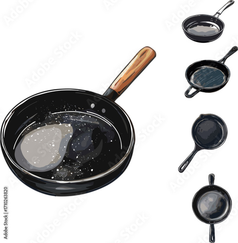 set of iron frying pan isolated on white, kitchen appliances set in color style and no background