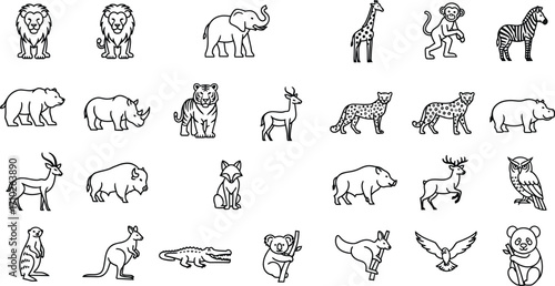 Diverse collection of animal illustrations, showcasing various species from around the world in a simple and elegant style