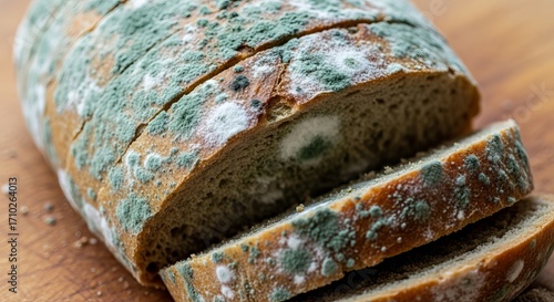 Close-up of a loaf of moldy bread on a wooden cutting board.