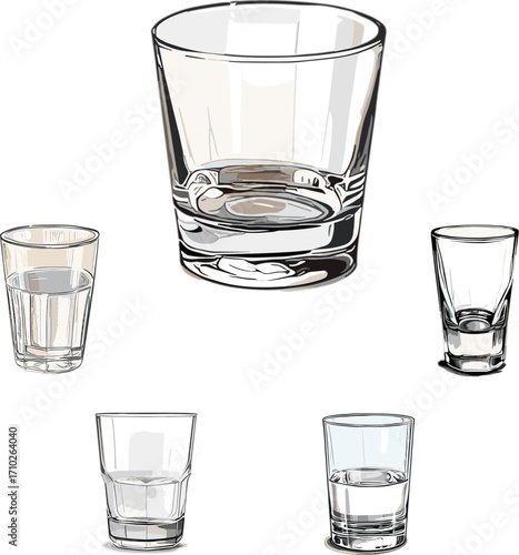 set of glass tableware isolated on white, set of tableware in color style