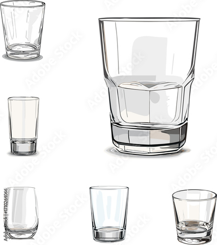 set of empty glasses in white background, set of tableware in color style