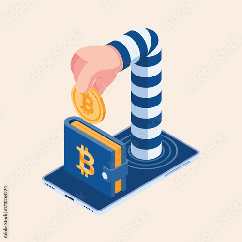 Conceptual illustration of a cybersecurity breach with a thief's hand stealing Bitcoin from a digital wallet on a smartphone