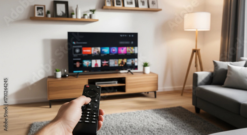 Hand holding a remote control pointed at a smart TV with a streaming menu in a modern living room. A perfect representation of home entertainment, streaming services, and a cozy evening.