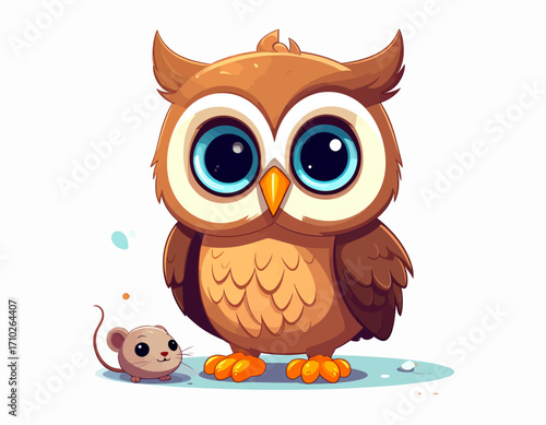 Cute cartoon owl with big blue eyes and a small mouse friend.