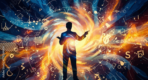 Silhouette of a person with arms outstretched, surrounded by swirling energy and symbols.
