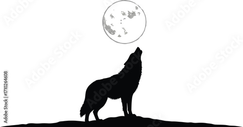 Silhouette of a wolf howling at the moon, capturing the essence of wilderness and nocturnal mystery against a stark in a dramatic composition